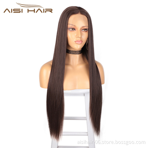 Aisi Hair 26 Inch Silky Straight Wave Brown Wig Wholesale Swiss Lace Wig Synthetic Hair Lace Frontal Wigs For Black Women